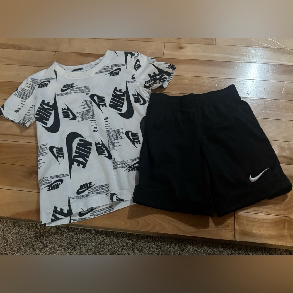 Nike Black and White Graphic Tee with Black Shorts